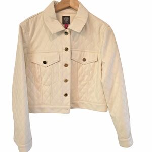 Vince Camuto Faux Leather Jacket Ivory Quilted Vegan Womens Coat Gold Buttons L